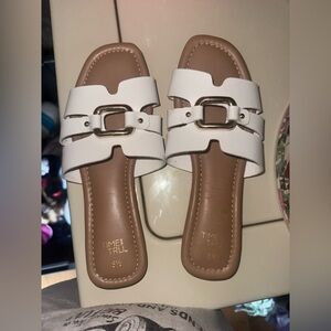 Time and Tru White Slide Sandals with Gold Accent